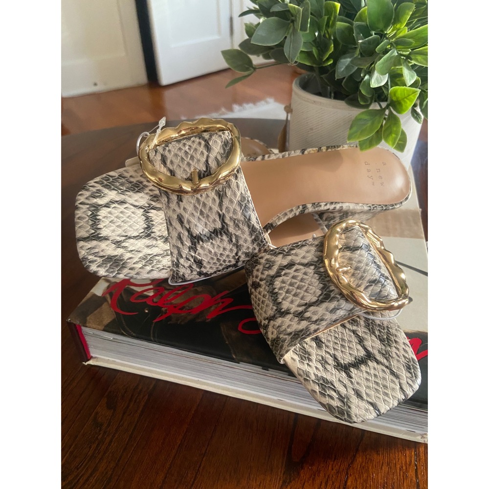 A New Day Diana Snakeskin Print Buckle Block Heel Slide Sandals‎ Gray Womens 6